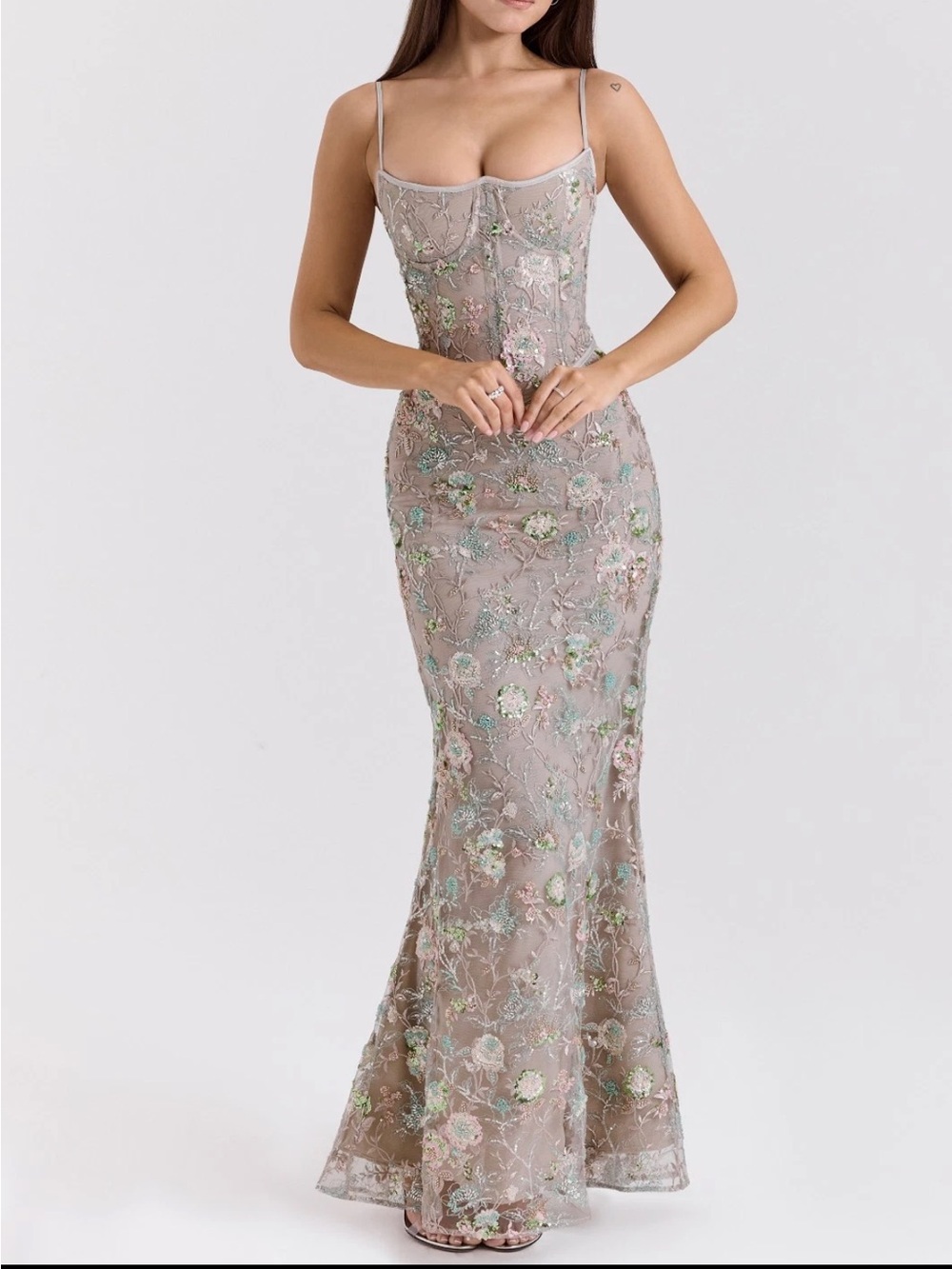 House of CB Taupe Embroidered Floral Lace Maxi Dress